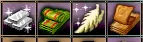 Four item icons showing crafting materials: a leather hide, a green fabric bundle, white feathers, and an orange/brown stone or gem