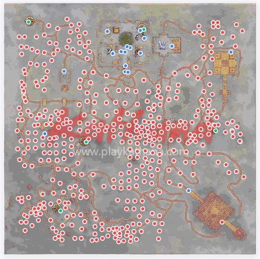 A game map showing a large area with red and white circular markers scattered throughout, blue markers at the top, and various terrain features and structures.