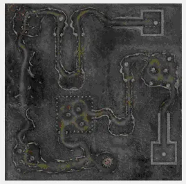A game map showing a dungeon or cavern layout with winding paths, dotted yellow lines marking routes, green circular markers indicating NPC or monster locations, and various architectural features like corridors and rooms.